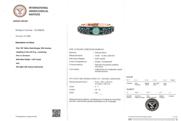 Armreif Smaragd ca 5 ct + 58 Diamantrosen + Emaille Gelbgold IGI [BRORS 20637]