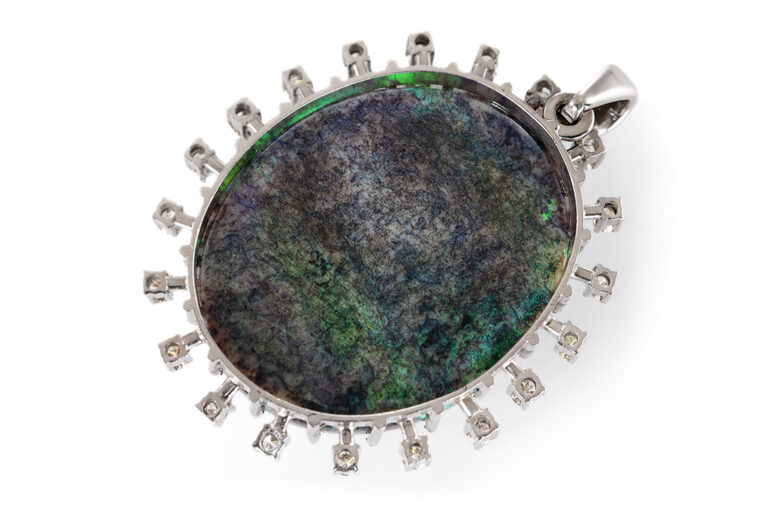 Anhänger großer Vollopal grau grün blau 20 Diamanten Weißgold IGI [BRORS 20638]