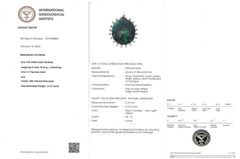 Anhänger großer Vollopal grau grün blau 20 Diamanten Weißgold IGI [BRORS 20638]