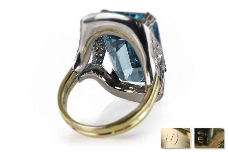 Ring antik Aquamarin 28 Karat Deep Blue 46 Diamanten 585 Gold IGI [BRORS 20639]