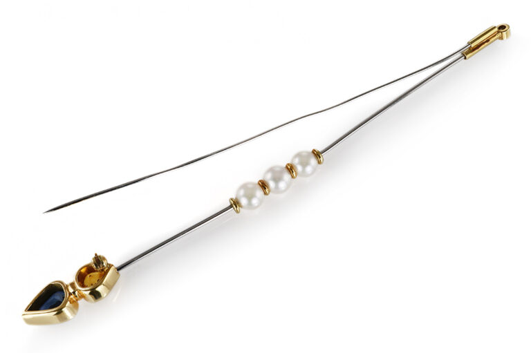 Brosche Stabborsche 2 Saphire Perlen Brillant 750 Gold Platin IGI [BRORS 20659]