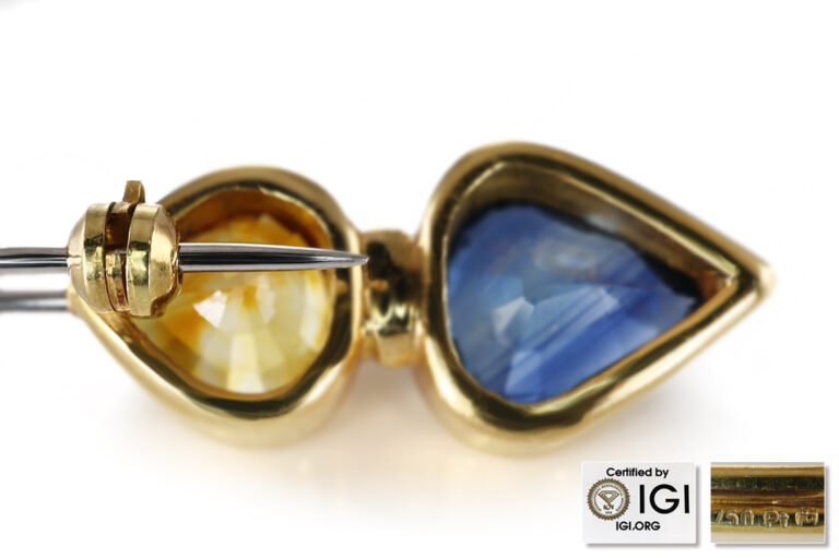 Brosche Stabborsche 2 Saphire Perlen Brillant 750 Gold Platin IGI [BRORS 20659]