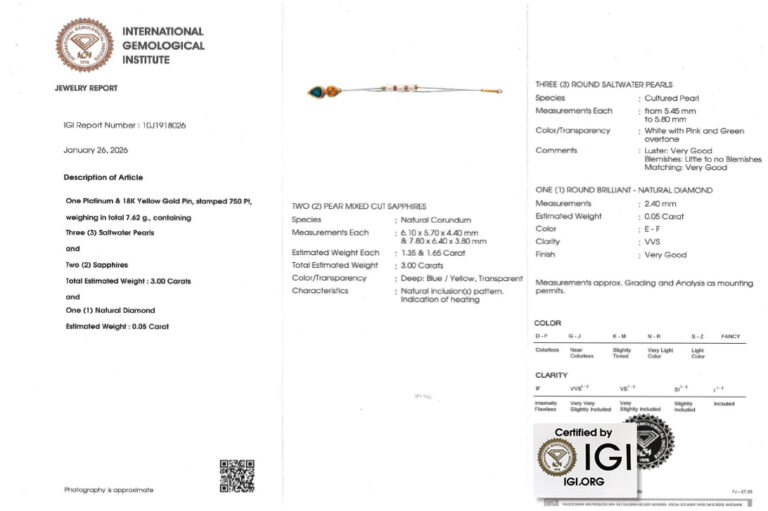 Brosche Stabborsche 2 Saphire Perlen Brillant 750 Gold Platin IGI [BRORS 20659]