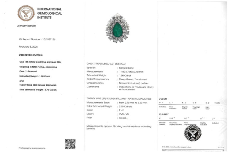 Ring Smaragd 1,5 ct + 29 Brillanten 2,75 ct E-F 585 Gold IGI Gr 52[BRORS 20661]