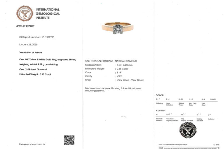 Ring 1 Brillant 0,55 ct RIVER/TW/VS2 585 Gold IGI Gutachten Gr 60 [BRORS 20662]