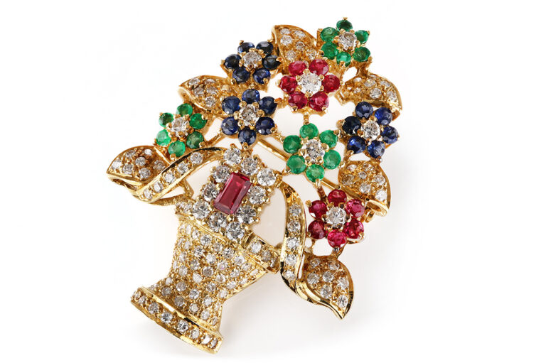 Brosche Korb 128 Diamanten 1,8 ct Smaragd/Rubin/Saphir 750 Gold IGI[BRORS 20663]