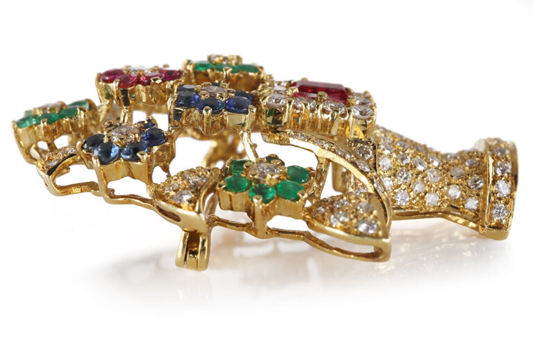 Brosche Korb 128 Diamanten 1,8 ct Smaragd/Rubin/Saphir 750 Gold IGI[BRORS 20663]