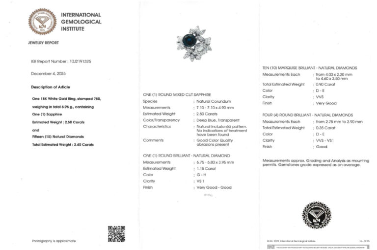 Ring 1 Saphir 2,5 ct unbehandelt 15 Diamanten 2,4 ct 750 Gold IGI [BRORS 20670]