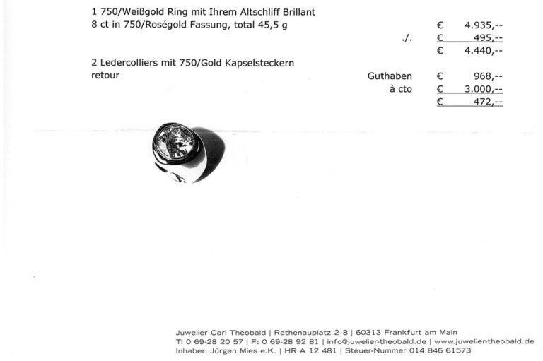 Ring Carl Theobold 1 Diamant ca 8,0 ct N-O/P1 750 Gold DPL Gr. 55 [BRORS 20700]