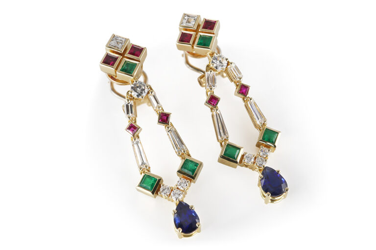 Ohrclipse Diamanten-Saphir-Rubin-Smaragd 750 Gold IGI [BRORS 20704]