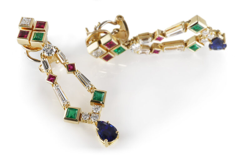 Ohrclipse Diamanten-Saphir-Rubin-Smaragd 750 Gold IGI [BRORS 20704]