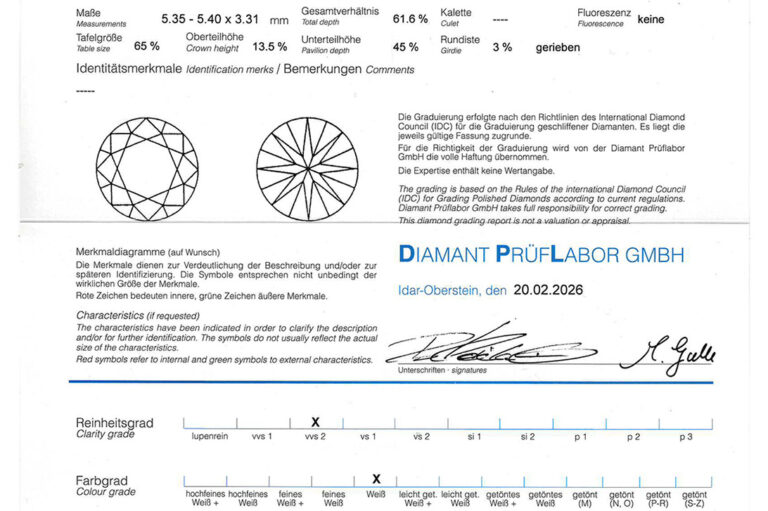 Ring 1 Brillant 0,59 ct H/VVS2 + Brillanten 750 Gold DPL Gr. 53 [BRORS 20711]