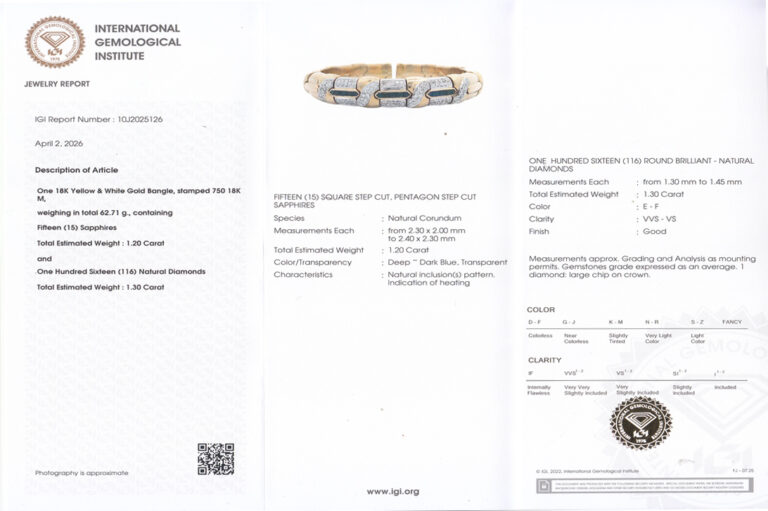 Armreif 116 Brillanten 1,3 ct + 15 Saphire 1,2 ct. 750 Gold IGI BRORS 19366]