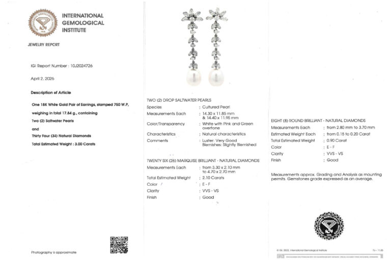 Ohrstecker Salzwasserperle Tropfen 34 Diamanten ca 3,0 ct 750 IGI [BRORS 20749]