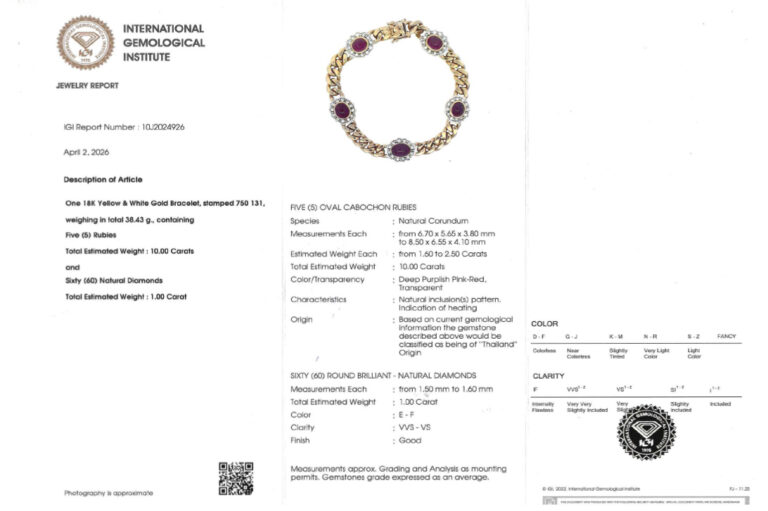 Armband 5 hochwertige Thailand Rubine 10 Karat + 60 Brillanten IGI [BRORS 20756]
