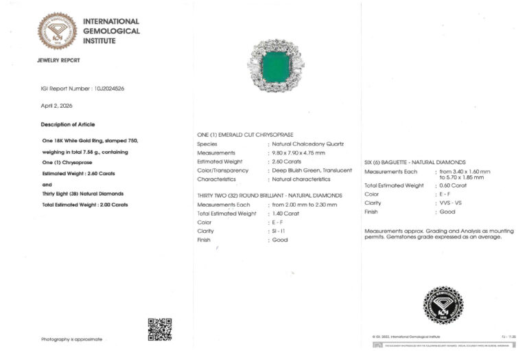 Ring Chrysopras 2,6 ct 38 Diamanten 2,0 ct 750 Gold IGI Gutachten [BRORS 20759]