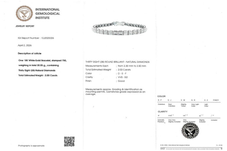 Tennisarmband 38 Brillanten 2 ct D-E-F VVS-SI 2 Gold IGI 19,5 cm [BRORS 20760]