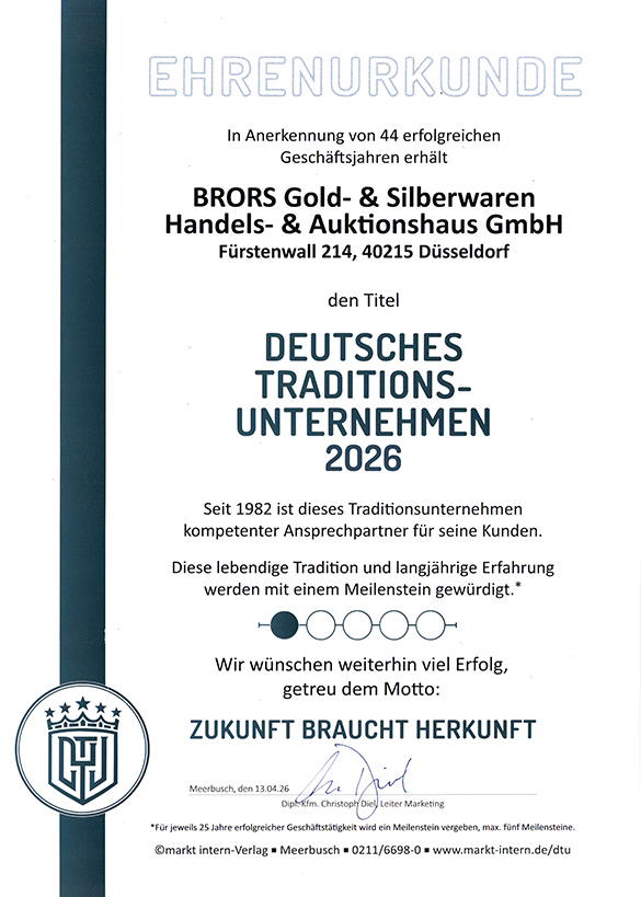 Ehrenurkunde Brors Gold- & Silberwaren Handels- & Auktionshaus GmbH