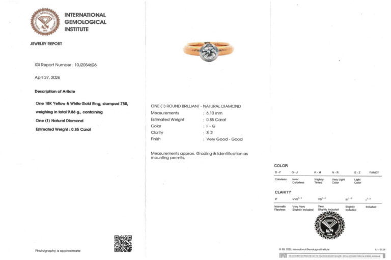 Ring Solitär 1 Brillant 0,85 ct F-G/SI2 750 Gold IGI Gr.63 [BRORS 20792]