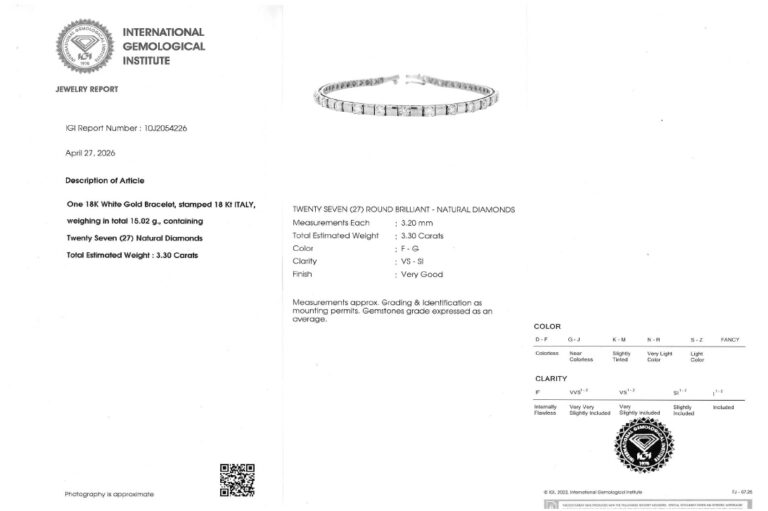 Armband 27 Brillanten 3,3 ct ct TW/VS-SI 750 Weißgold IGI 20 cm [BRORS 20793]