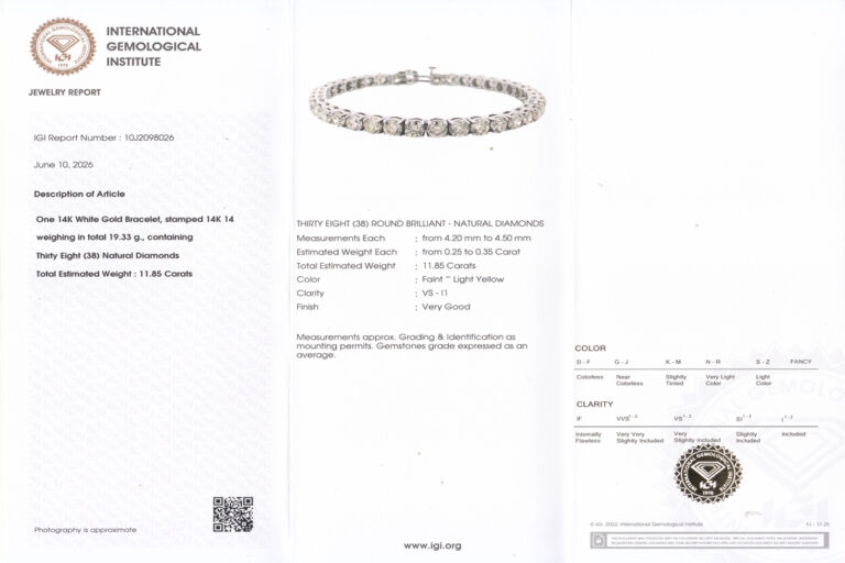 Tennisarmband 38 Brillanten insg. ca. 11,85 ct 585 Weißgold IGI [BRORS 19634]