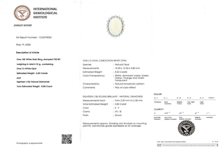 Ring 1 Opal 4,5 ct + 18 Brillanten 0,8 ct 750 Weißgold IGI Gr 56[BRORS 20753]