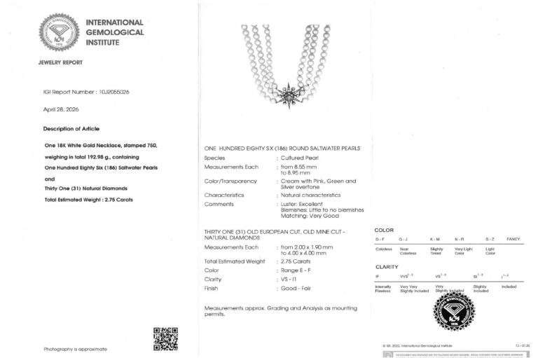 RÜSCHENBECK Salzwasser Perlenkette 186 Perlen Diamanten 2,7 ct IGI [BRORS 20817]