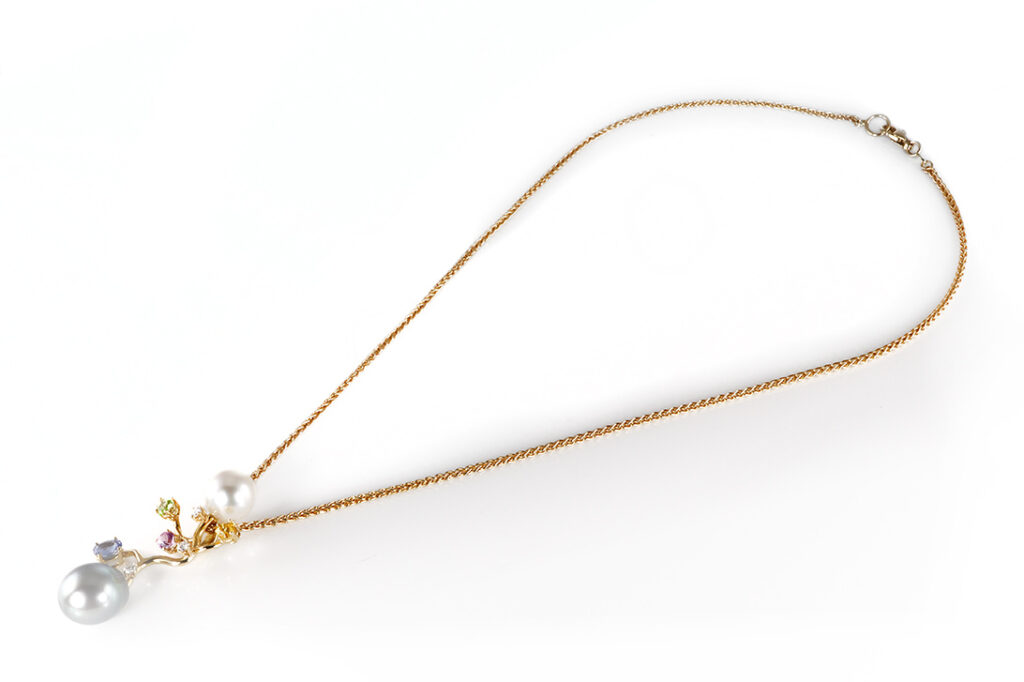 Kette Anhänger Diamanten + Saphire + Salzwasserperlen Gelbgold IGI [BRORS 20831]