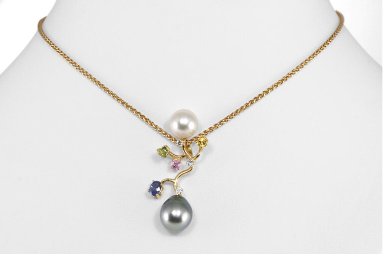 Kette Anhänger Diamanten + Saphire + Salzwasserperlen Gelbgold IGI [BRORS 20831]