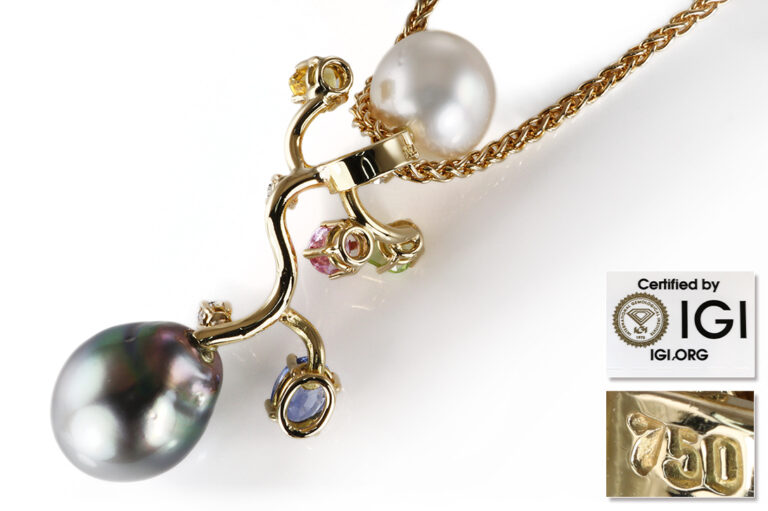 Kette Anhänger Diamanten + Saphire + Salzwasserperlen Gelbgold IGI [BRORS 20831]
