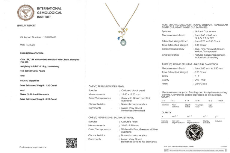 Kette Anhänger Diamanten + Saphire + Salzwasserperlen Gelbgold IGI [BRORS 20831]