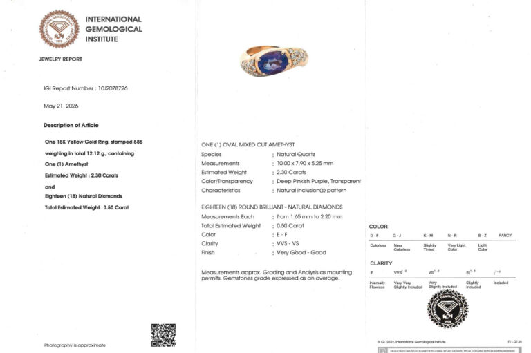 Ring 1 Amethyst 2,3 ct + 18 Brillanten 0,5ct. G/VS Gold IGI Gr. 61[BRORS 20834]