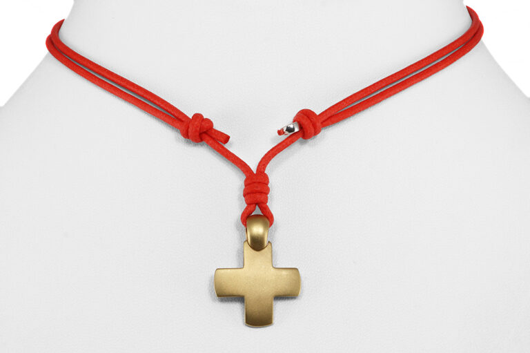 Pomellato Kreuz Anhänger mit orange Textilband 750 Gelbgold [BRORS 20835]