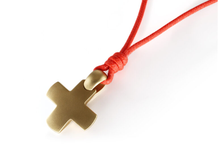 Pomellato Kreuz Anhänger mit orange Textilband 750 Gelbgold [BRORS 20835]