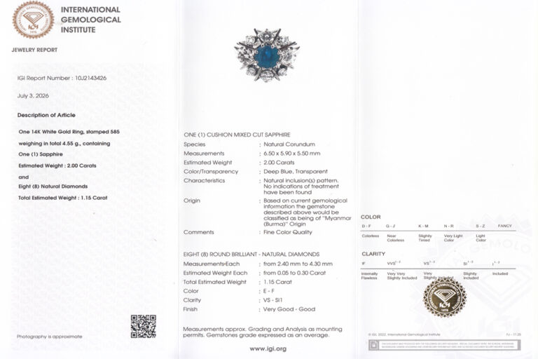 Ring Saphir Myanmar Burma unbehandelt 2 ct Billanten River/TW IGI [BRORS 11511]
