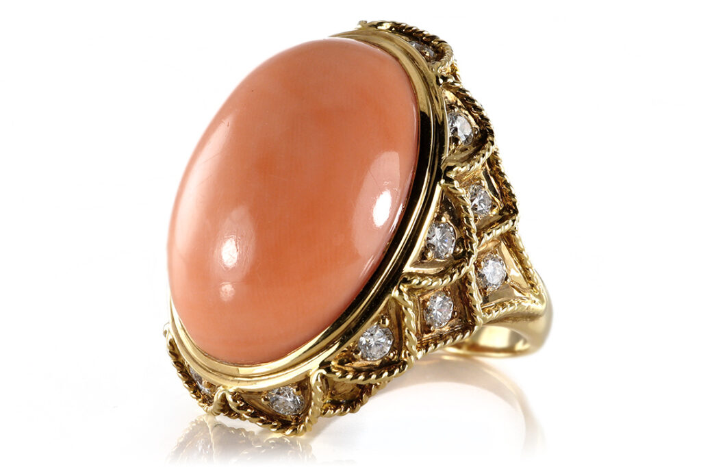 Damen Ring Koralle 16 Brillanten RIVER 750 Gelbgold IGI Gr 61 [BRORS 11929]