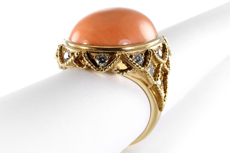 Damen Ring Koralle 16 Brillanten RIVER 750 Gelbgold IGI Gr 61 [BRORS 11929]