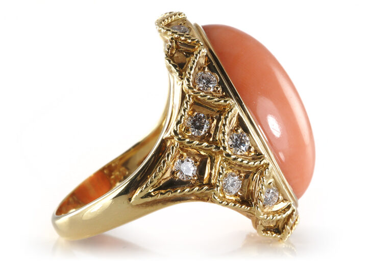 Damen Ring Koralle 16 Brillanten RIVER 750 Gelbgold IGI Gr 61 [BRORS 11929]
