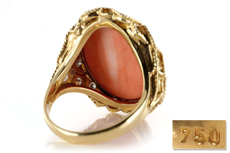 Damen Ring Koralle 16 Brillanten RIVER 750 Gelbgold IGI Gr 61 [BRORS 11929]