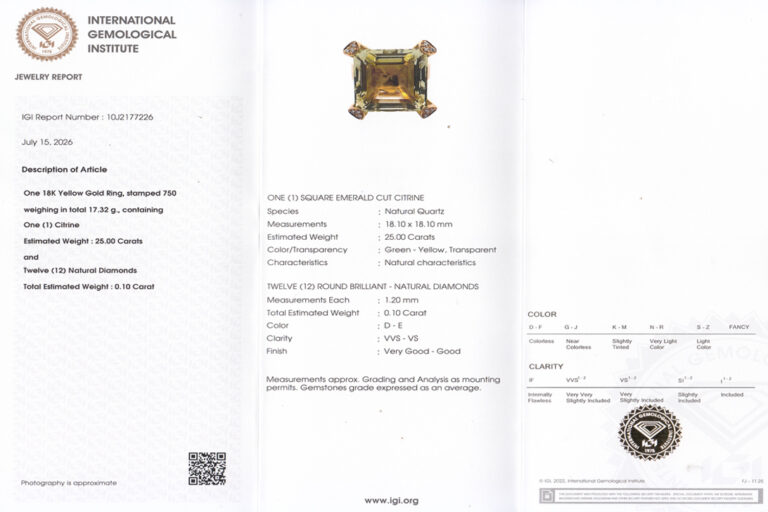 Ring Citrin 25 ct + 12 Brillanten RIVER/VVS-VS 750 Gold IGI Gr. 52 [BRORS 14133]