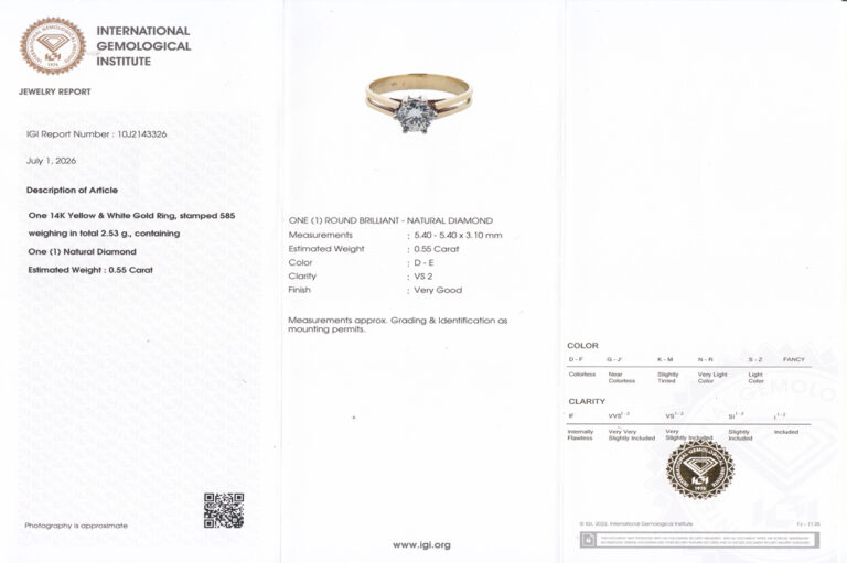 Ring Solitär Brillant ca. 0,55 ct River/VS2 585 Gold Gr. 51 IGI [BRORS 20504]