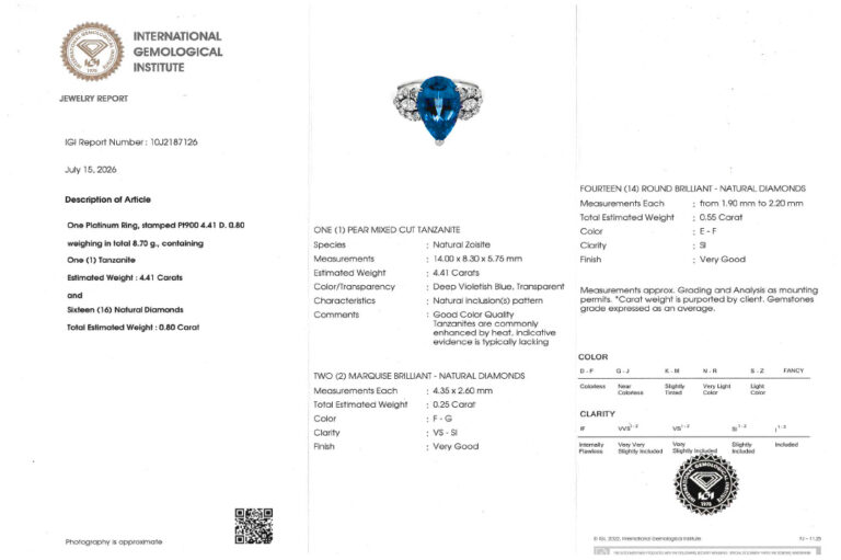 Ring Tansanit 4,4 ct +16 Diamanten ca 0,8 ct 900 Platin IGI Gr 54 [BRORS 20968]