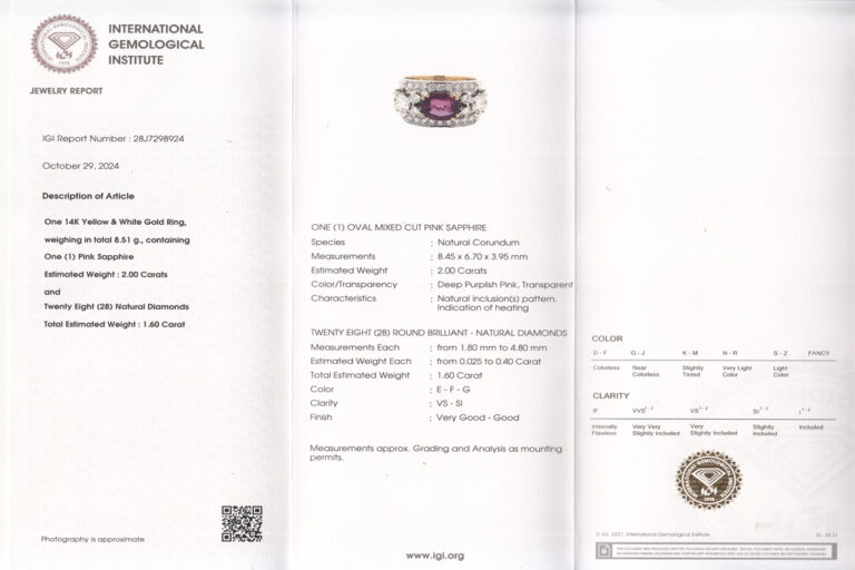 Ring pinker Saphir 2,0 ct 28 Brillanten 1,6 ct 585 Gold IGI Gr 53 [BRORS 20971]