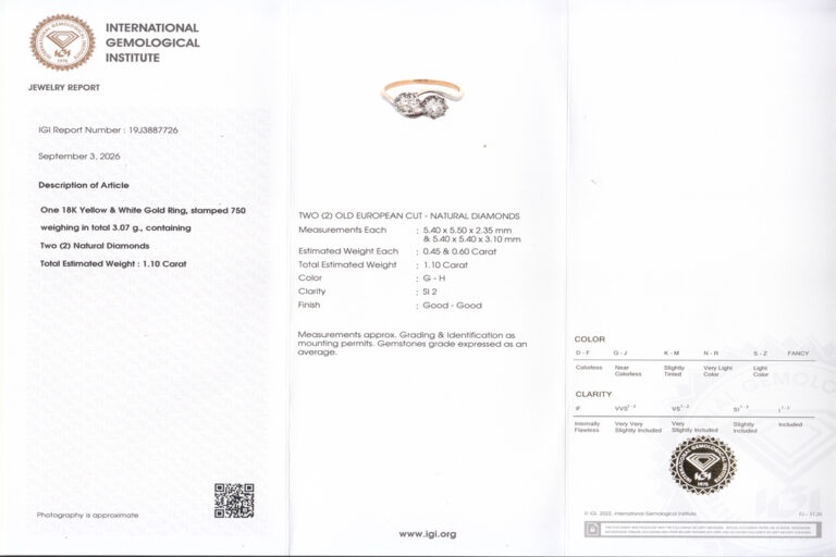 Ring 2 Diamanten Altschliff 1,1 ct G-H/SI2 750 Gelbgold Gr 55 IGI [BRORS 11971]