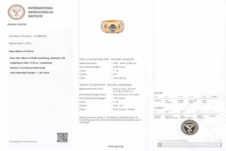 Ring 13 Diamanten ca. 1,35 ct F-G/VVS-VS 750 Gelbgold Gr 62 IGI [BRORS 19645]