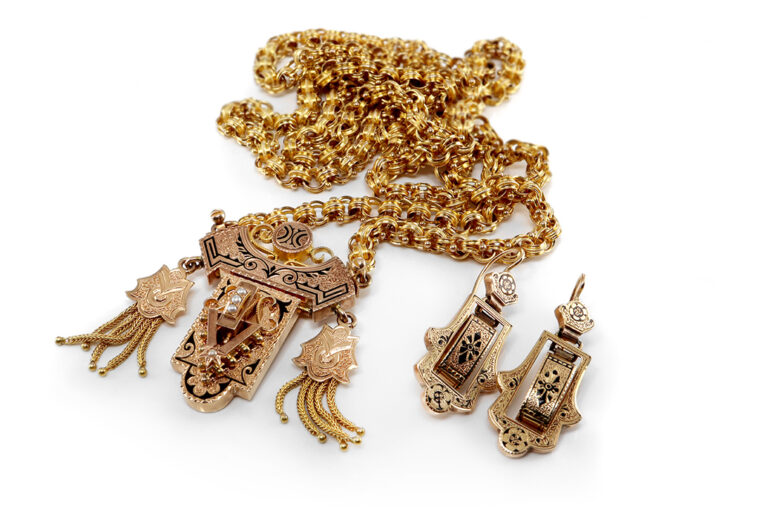 Schmuckset Kette Brosche Ohrringe Perlen *Antik* 750 IGI Gutachten [BRORS 20324]