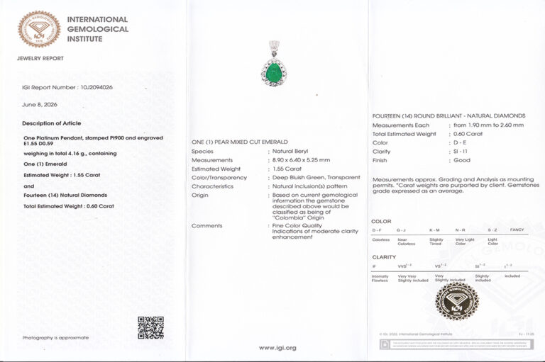 Kette Anhänger Smaragd Kolumbien 1,5 ct + 14 Brillanten 0,6 ct IGI [BRORS 20993]