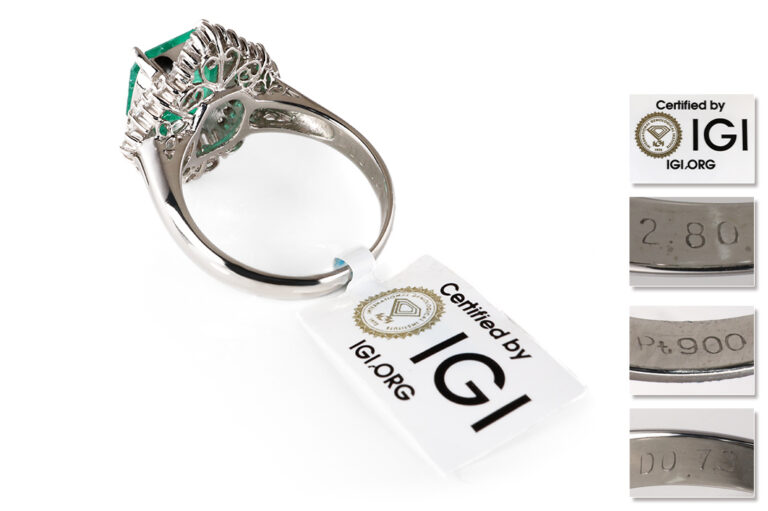 Ring Smaragd 2,8 ct + 54 Diamanten 0,7 ct E-F/VVS-SI IGI 900PT [BRORS 20994]