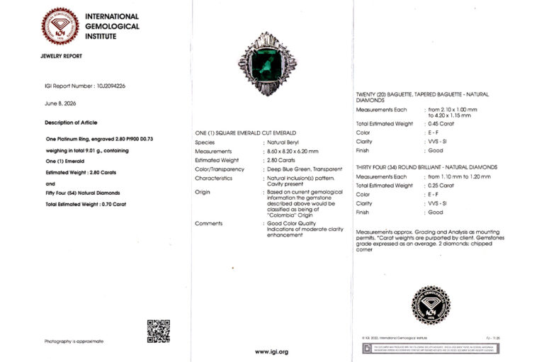 Ring Smaragd 2,8 ct + 54 Diamanten 0,7 ct E-F/VVS-SI IGI 900PT [BRORS 20994]