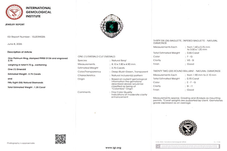 Ring Smaragd 2,75 ct + 58 Diamanten ca 1,35 ct E-G/VS-SI IGI [BRORS 20995]